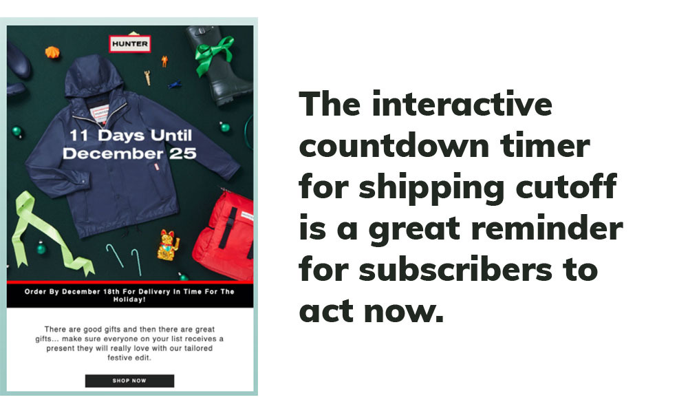 The interactive countdown timer for shipping cutoff is a great reminder for subscribers to act now.