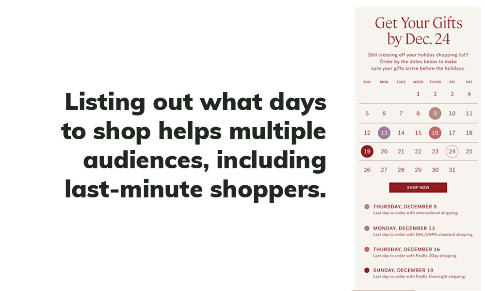 Listing out what days to shop helps a variety of audiences, including the last-minute shopper. 